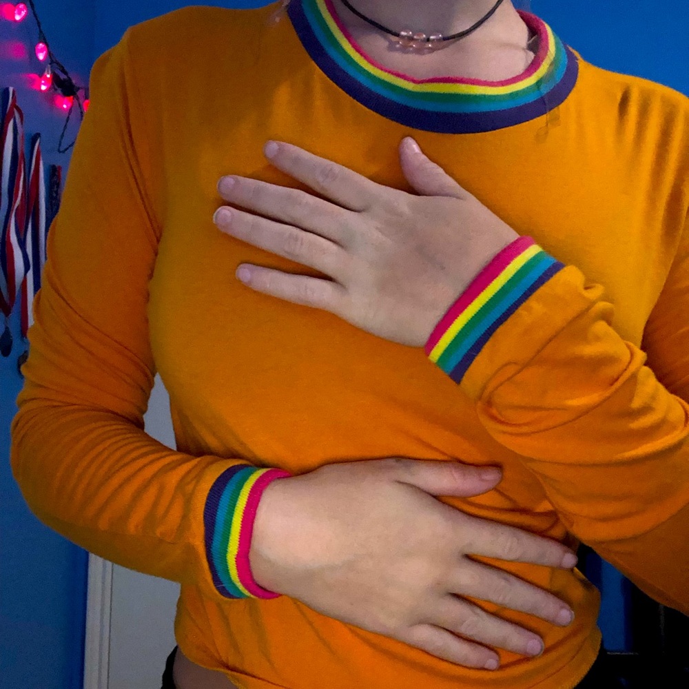 Orange and rainbow long cropped shirt